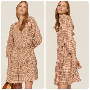 Madewell Gingham Puff-Sleeve Wrap Dress in Golden Pecan | Size Medium